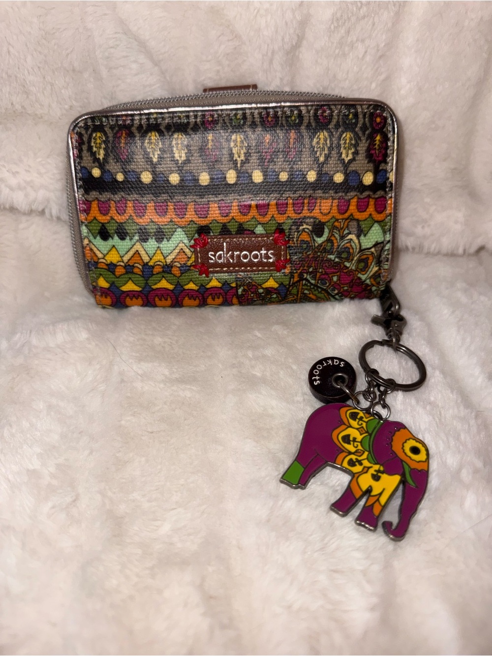 Sakroots Vibrant Multicolor Patterned Zip Wallet with Elephant Charm